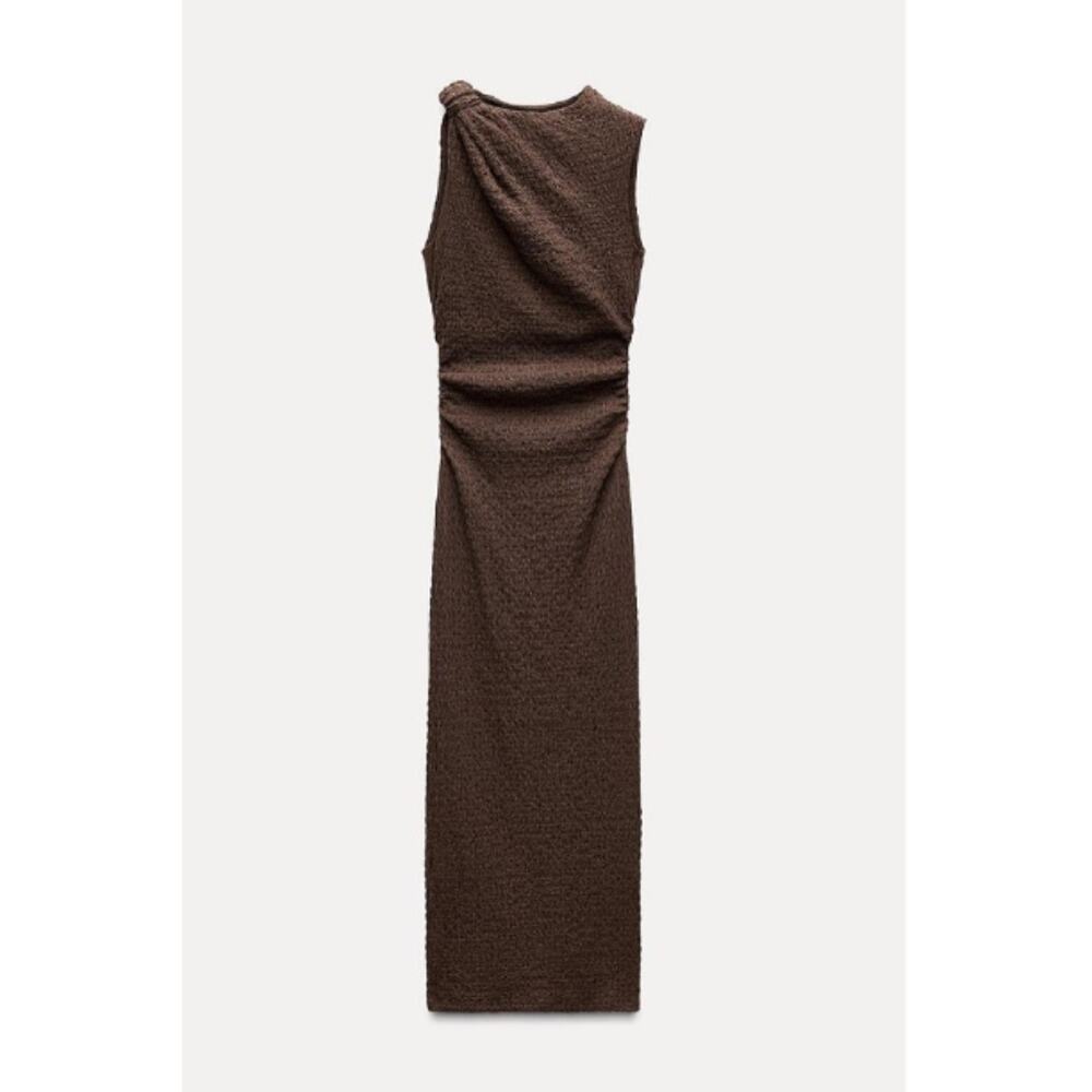 Zara Expresso Brown Textured Knot Ruched Side Maxi Dress LARGE Modest‎ Preppy